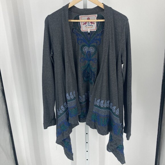 Johnny Was Cardigan Kimono Medium Embroidered Draped Open Front Boho Gray Jacket - Picture 1 of 16